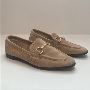 Tan Suede Loafers with Gold Buckle